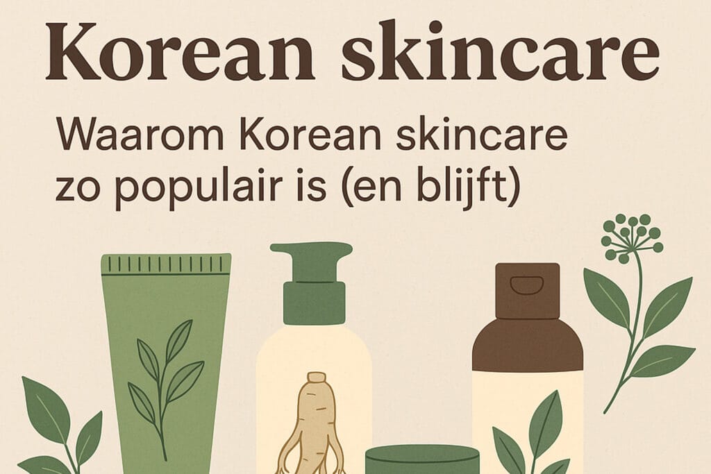 Korean skincare – illustratie van Koreaanse huidverzorgingsproducten met natuurlijke ingrediënten zoals ginseng en groene thee, in een minimalistische setting