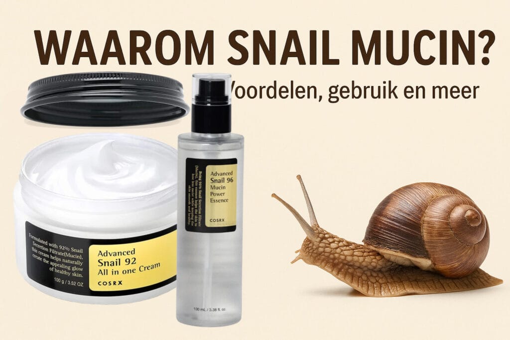 COSRX Advanced Snail 92 Cream en Snail 96 Essence afgebeeld met natuurlijke slakkenslijm-elementen, ideaal voor hydratatie en huidherstel.