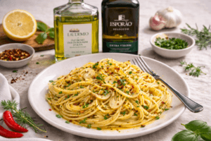 Pasta aglio e olio met extra vierge olijfolie, knoflook, chili en peterselie als Italiaans recept waarin olijfolie centraal staat