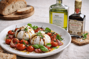 Frescobaldi Laudemio olijfolie en Giuseppe Giusti balsamico verwerkt in een luxe gerecht met burrata, tomaat en verse kruiden