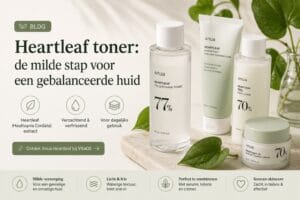 Anua Heartleaf 77 Soothing Toner en Heartleaf skincare producten in minimalistische VitaOil blogbanner over Koreaanse heartleaf toner voor een gebalanceerde huid